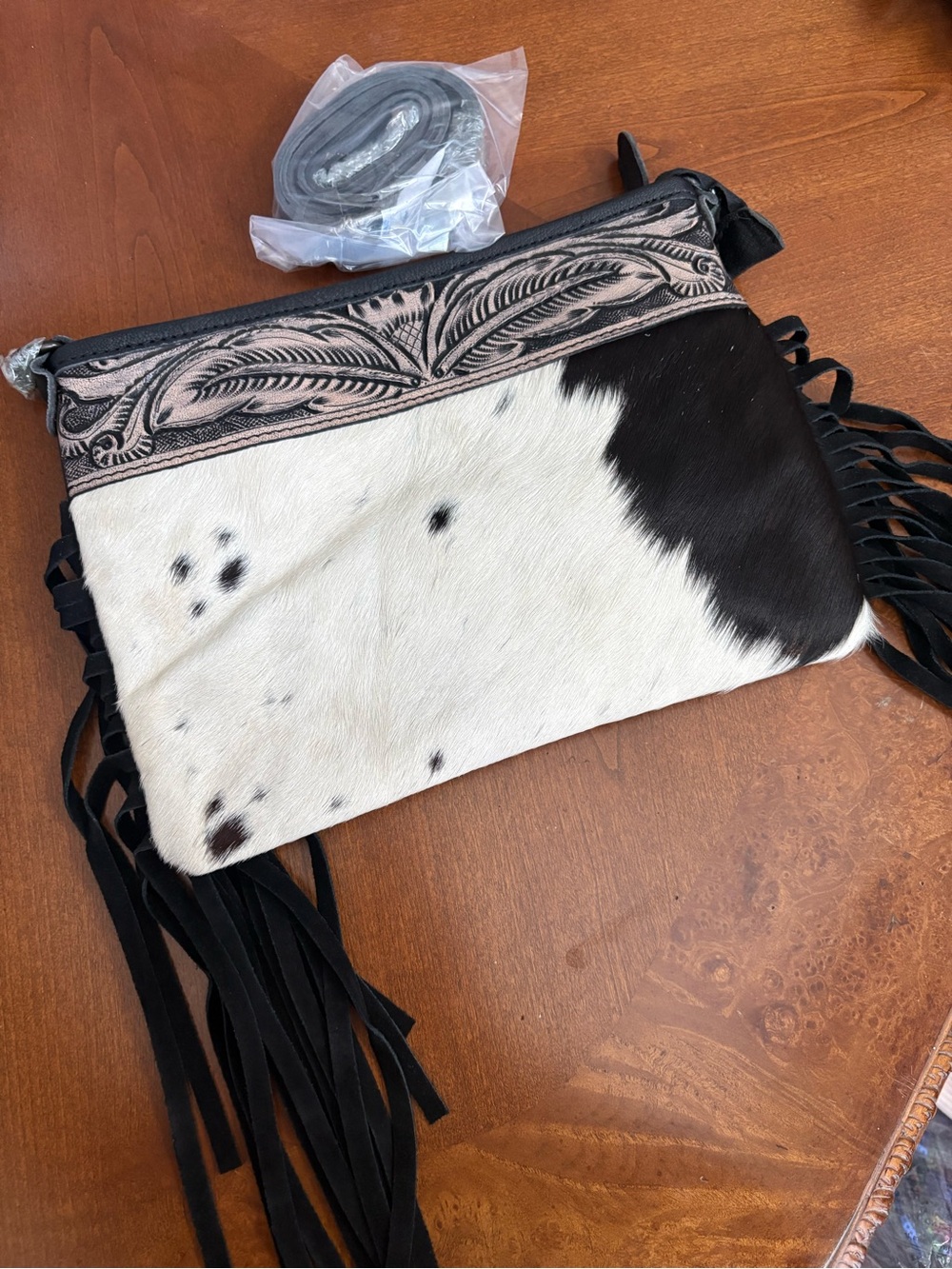 Cowhide Fringe Crossbody Bag - Black & White